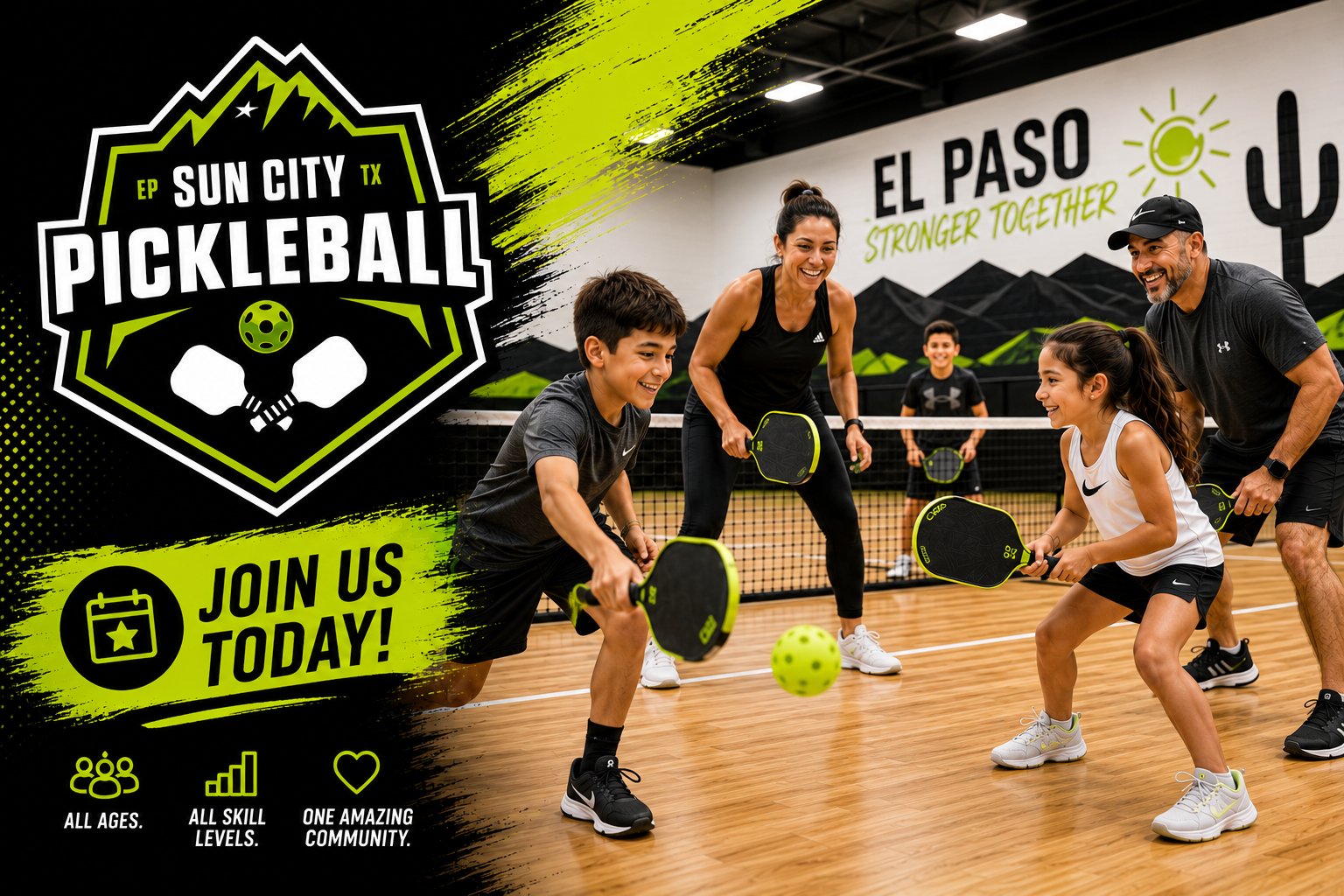 Kids and parents playing indoor summer pickleball together at Sun City Pickleball Club in El Paso
