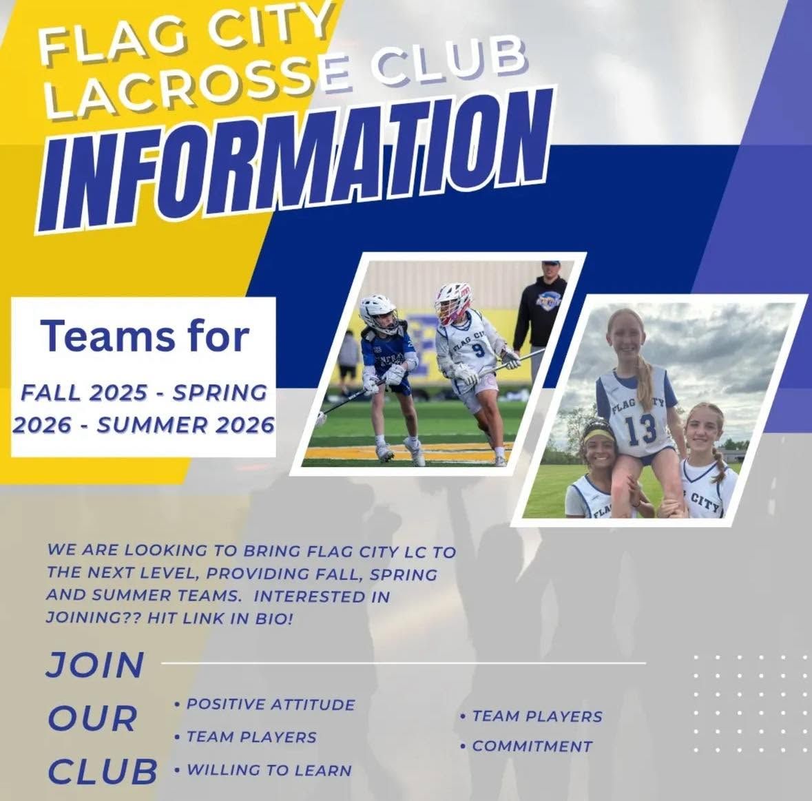 Flag City Lacrosse Club information flyer in blue and white with youth players and team details