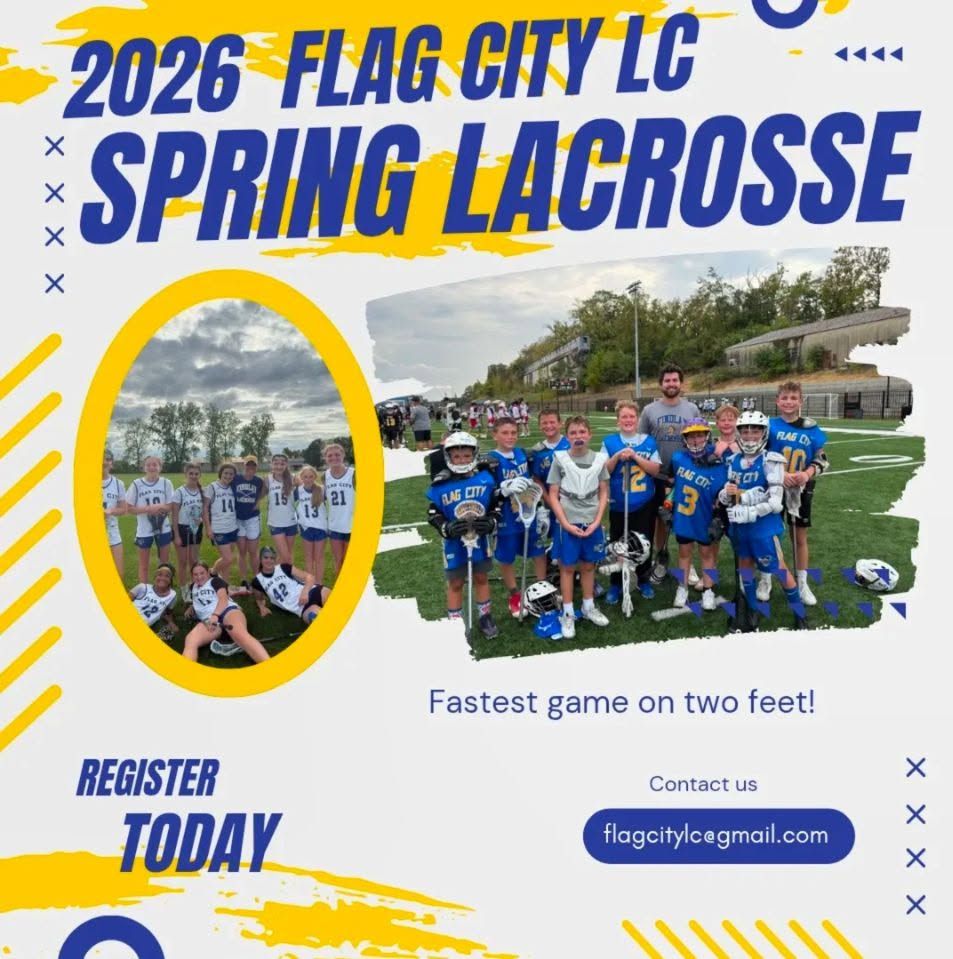 2026 Flag City LC Spring Lacrosse poster with team photos, yellow accents, and “Register Today” text