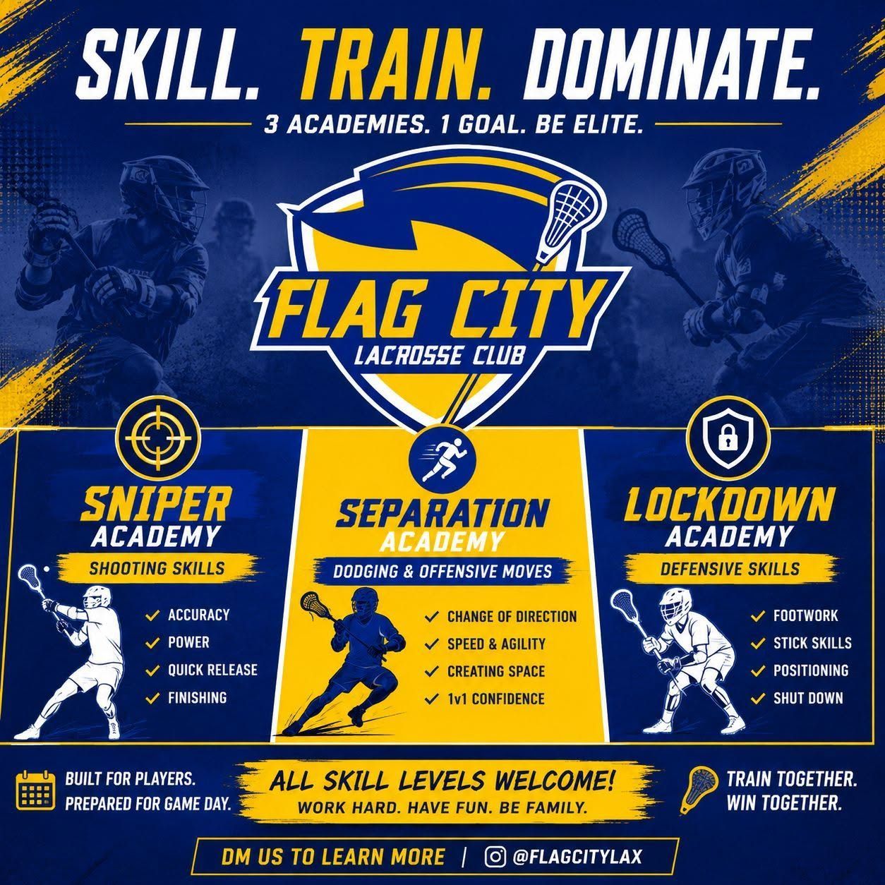 Blue-and-yellow Flag City Lacrosse Club ad with three training academies and a player silhouette