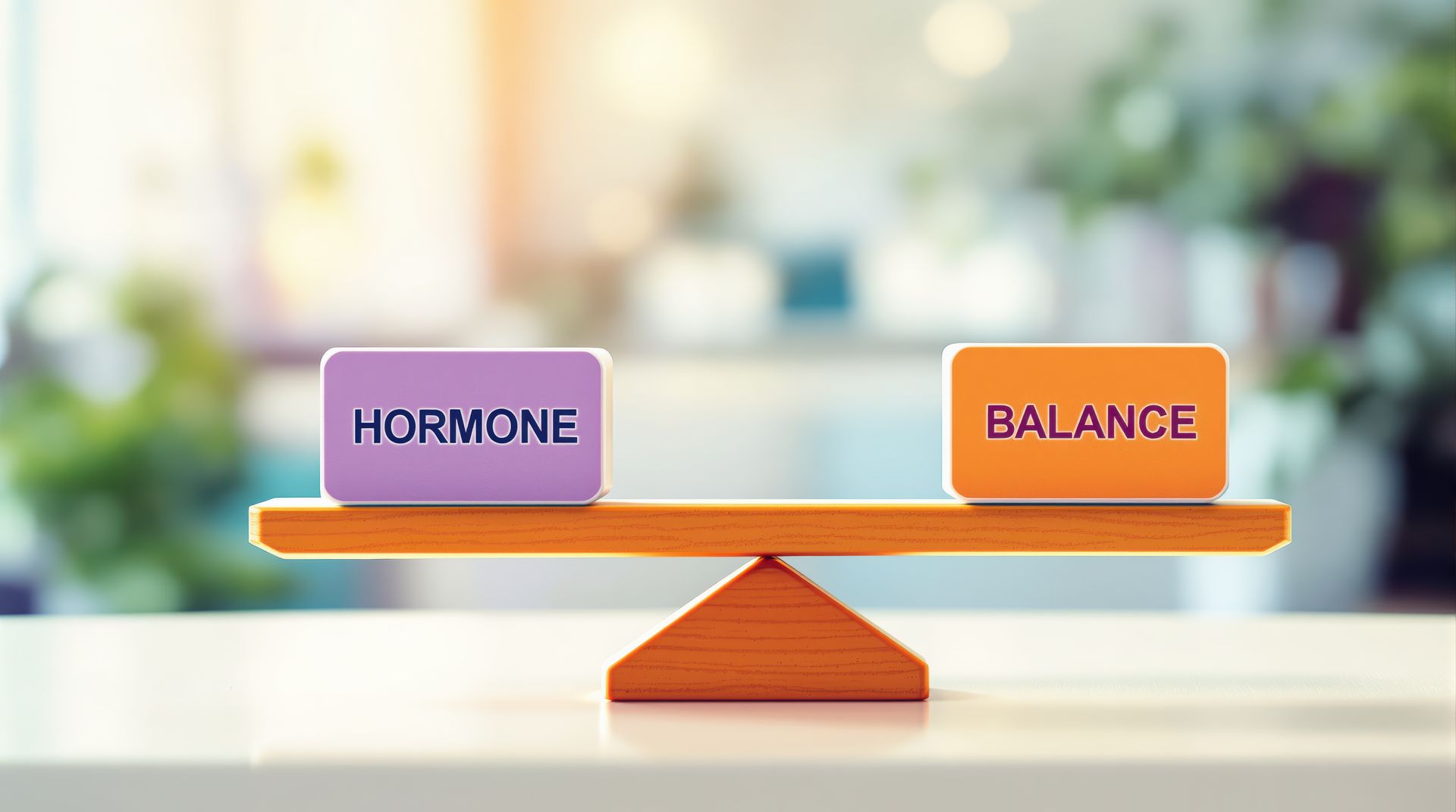 Balance board with blocks showing hormone and balance representing hormone replacement therapy. Balance board with blocks showing hormone and balance representing hormone replacement therapy.