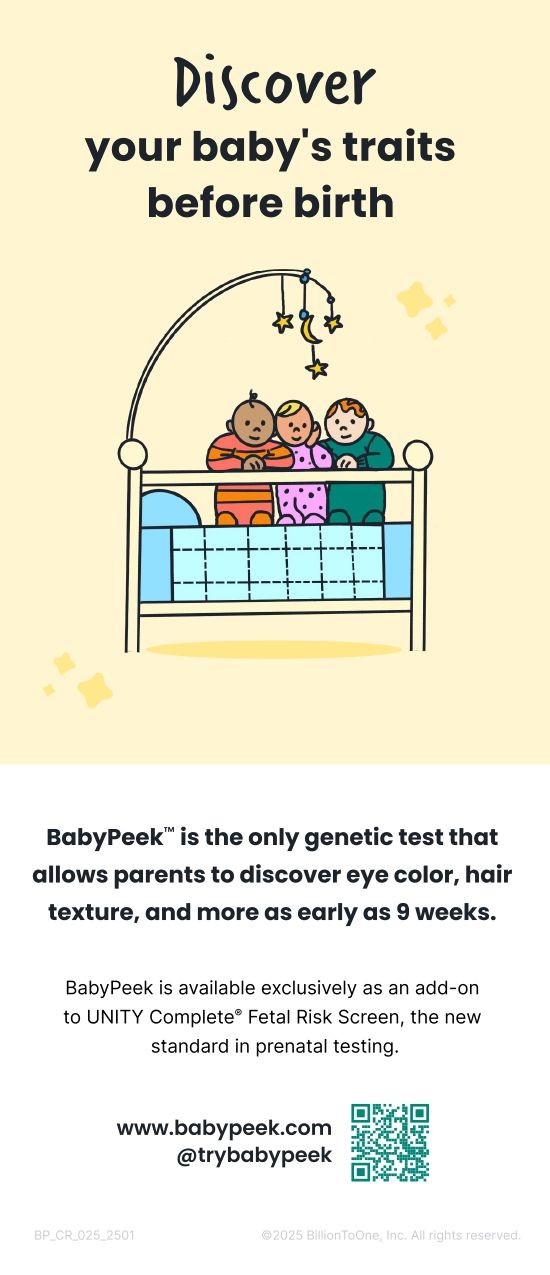 Advertisement for a genetic test to discover baby's traits before birth, with illustration of babies in a crib.