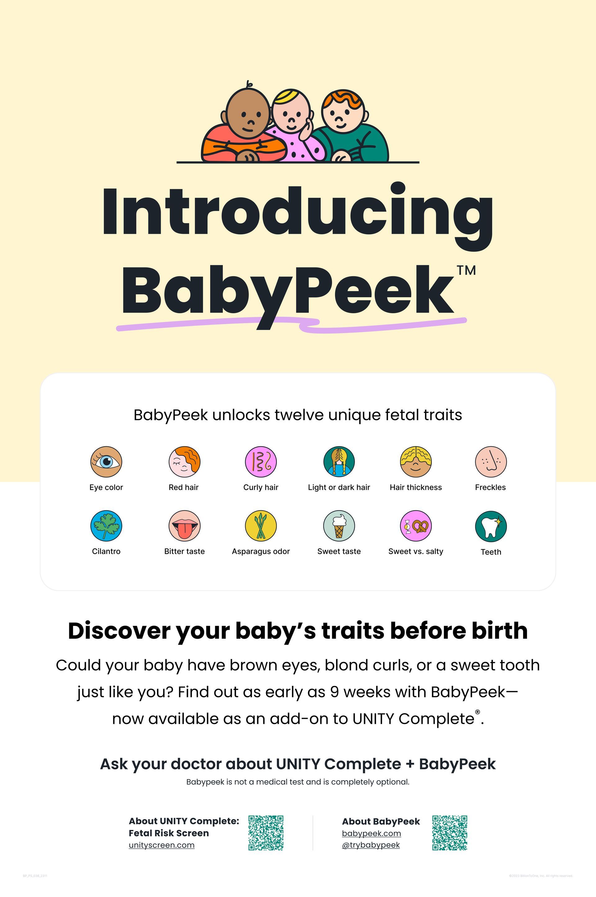 Advertisement for BabyPeek, a genetic test. Includes illustrations of babies, and icons of physical traits.