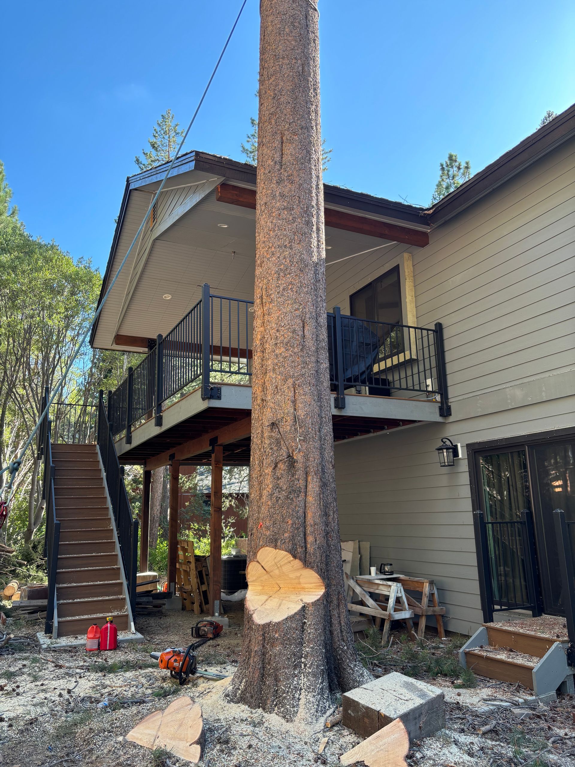 Tree being cut down next to a house with a deck. A chainsaw and wood debris are on the ground.