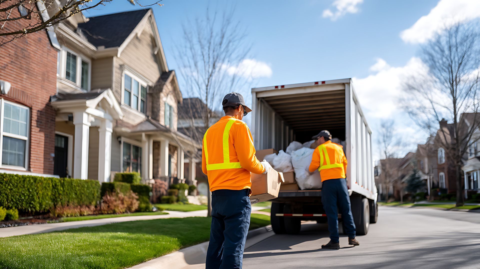Workers unloading furniture from a truck on a residential street, with houses and sidewalks nearby.