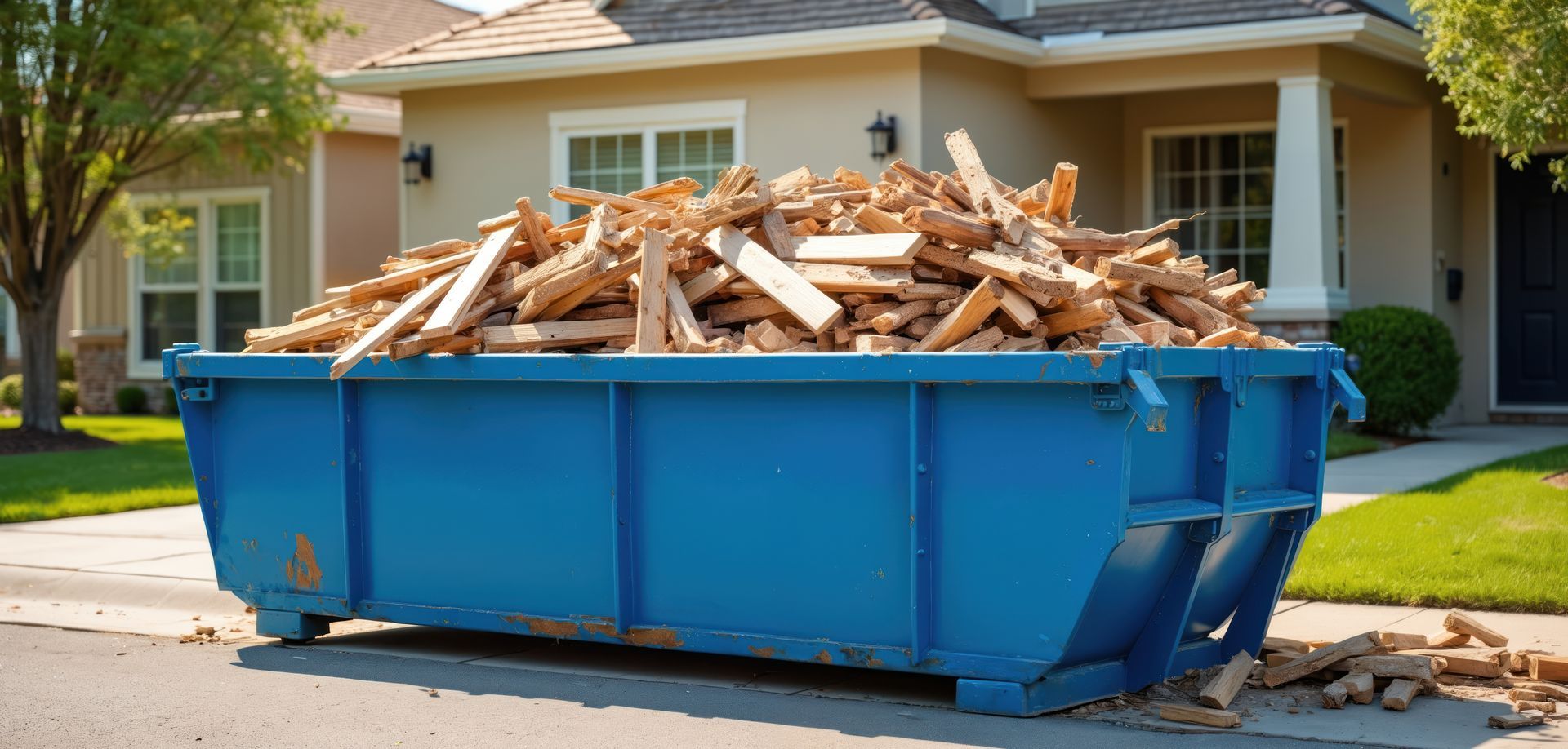 Blue dumpster filled with wood debris in a suburban driveway in front of a house