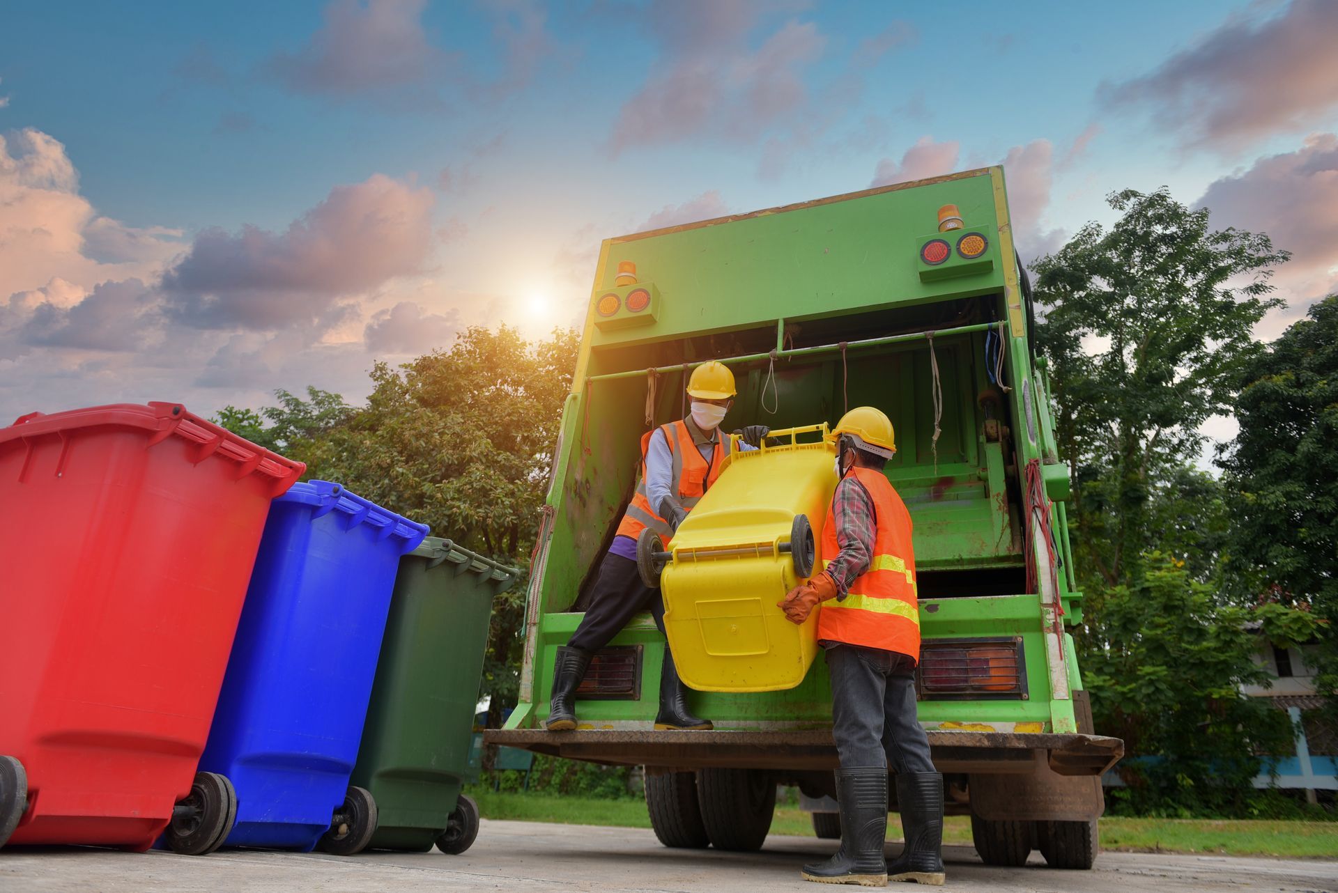 Workers emptying a yellow bin into a green garbage truck beside blue, red, and green bins at sunrise