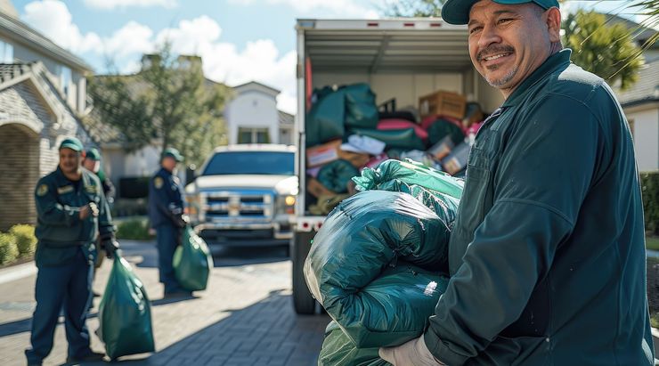 Volunteers carrying trash bags and supplies near a truck in a sunny neighborhood street