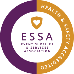 Logo for Event Supplier & Services Association (ESSA). Purple and gold circle with text