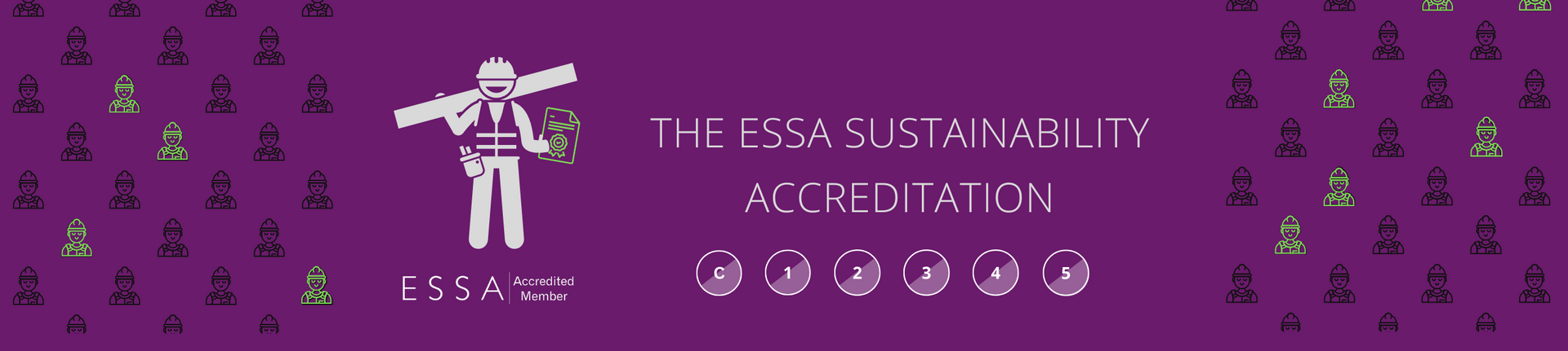 Purple banner with a stick figure carrying construction materials, text