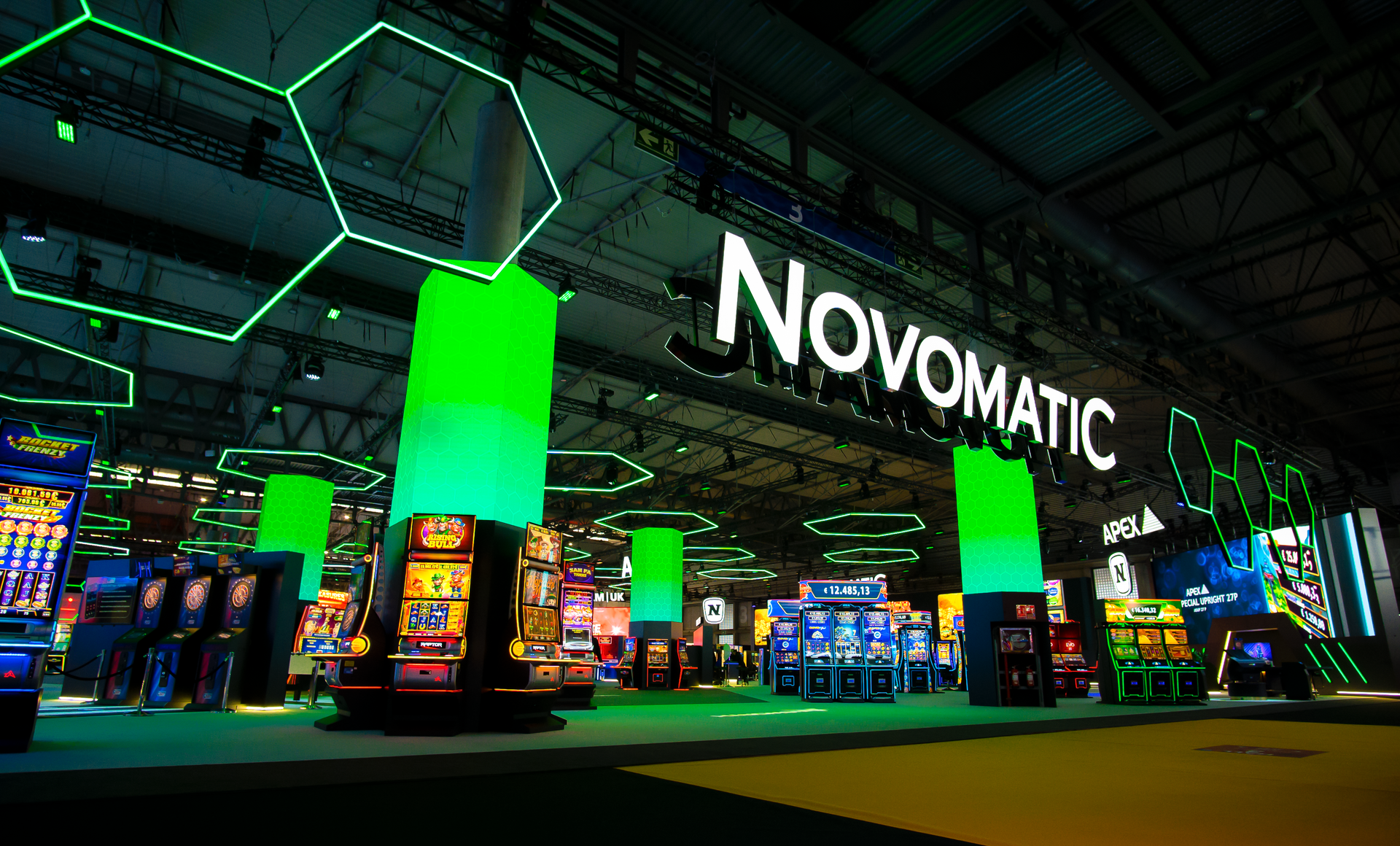 Novomatic booth at ICE 2025, designed and built by Evolve Creative Solution ltd