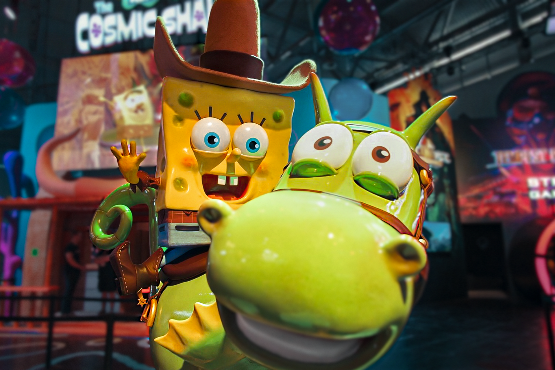 A close up of the Spongebob Squarepants model on the THQ Nordic booth at Gamescom 2022