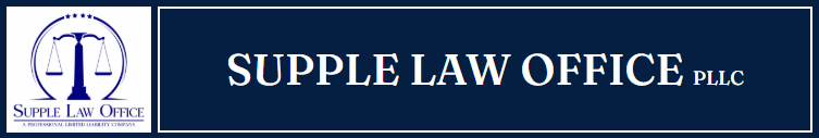 Logo for Supple Law Office, a law firm with scales of justice symbol and text on a dark blue background.