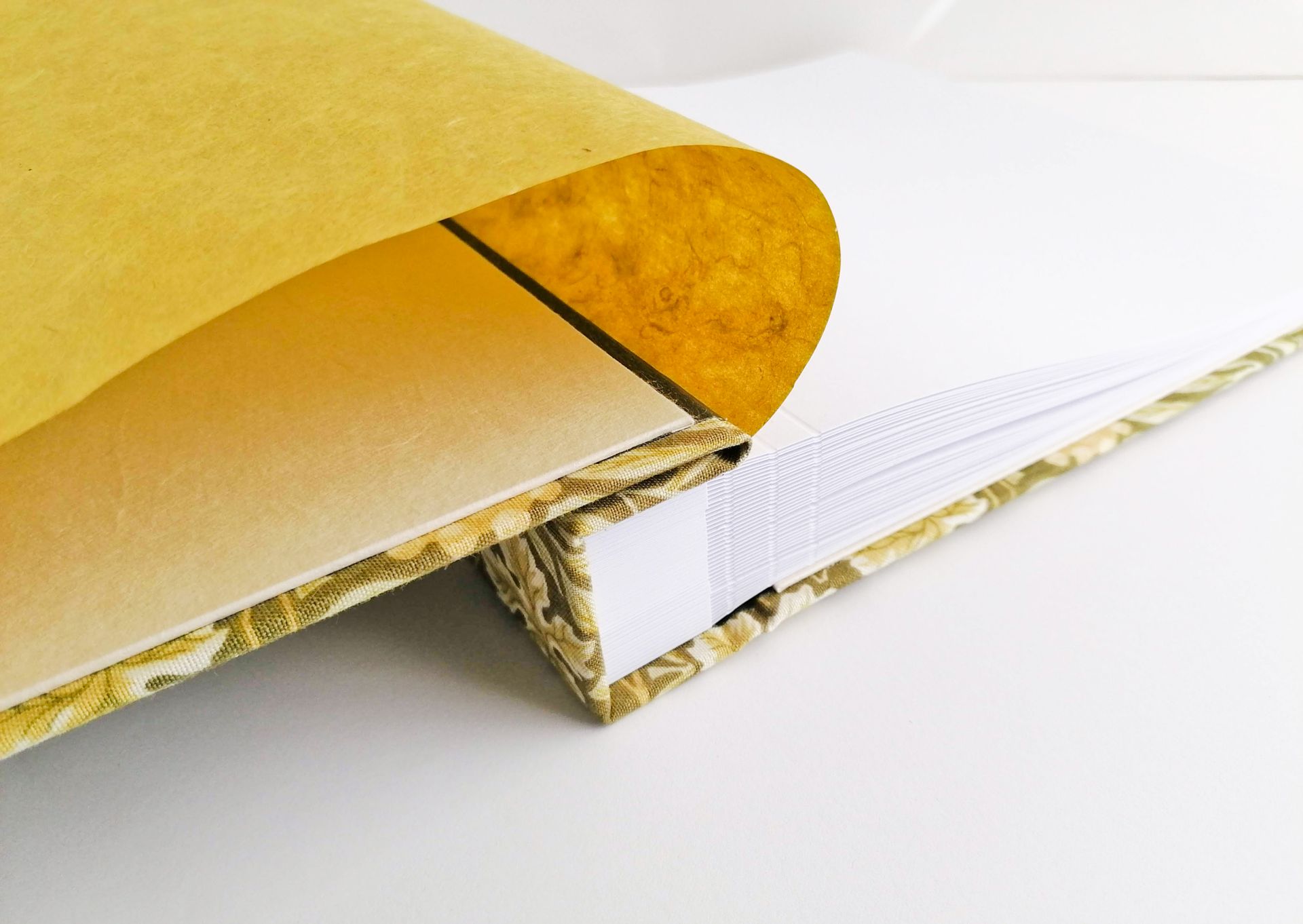 The image shows the first green page of the album turning and revealing white plain pages within the album.