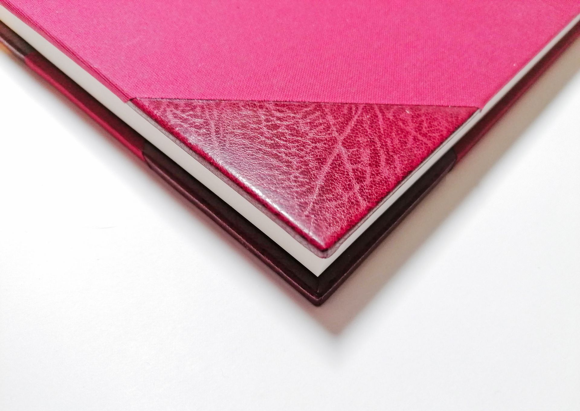The image is a close up of a corner of the book. The grained texture of the leather can be seen and the weave of the red fabric book cloth is glued up to the edge of the leather. The neatly folded leather corners of the book can be seen. The book is laid on a white background.