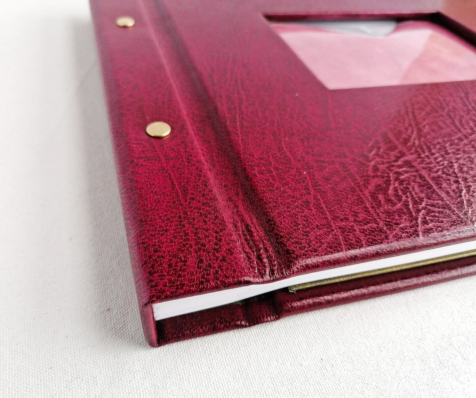 The image shows a close up of the memory book with golden coloured brass screw posts.