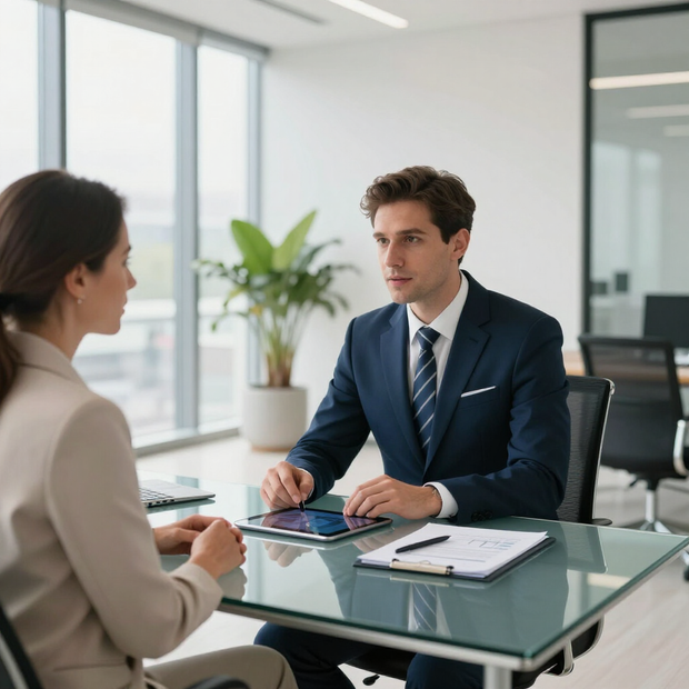 Dos personas en una oficina luminosa discutiendo documentos al otro lado de una mesa de cristal.
