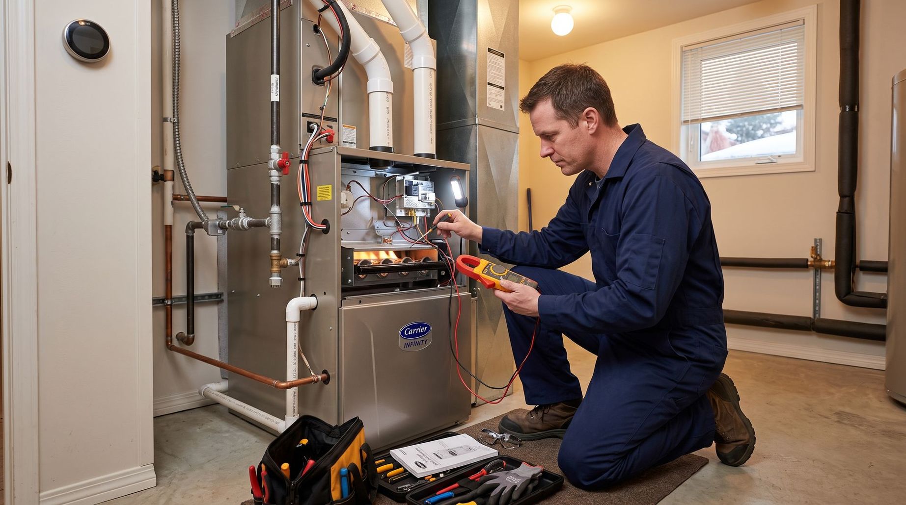 Technician kneeling beside a furnace, checking wiring with tools in a utility room.