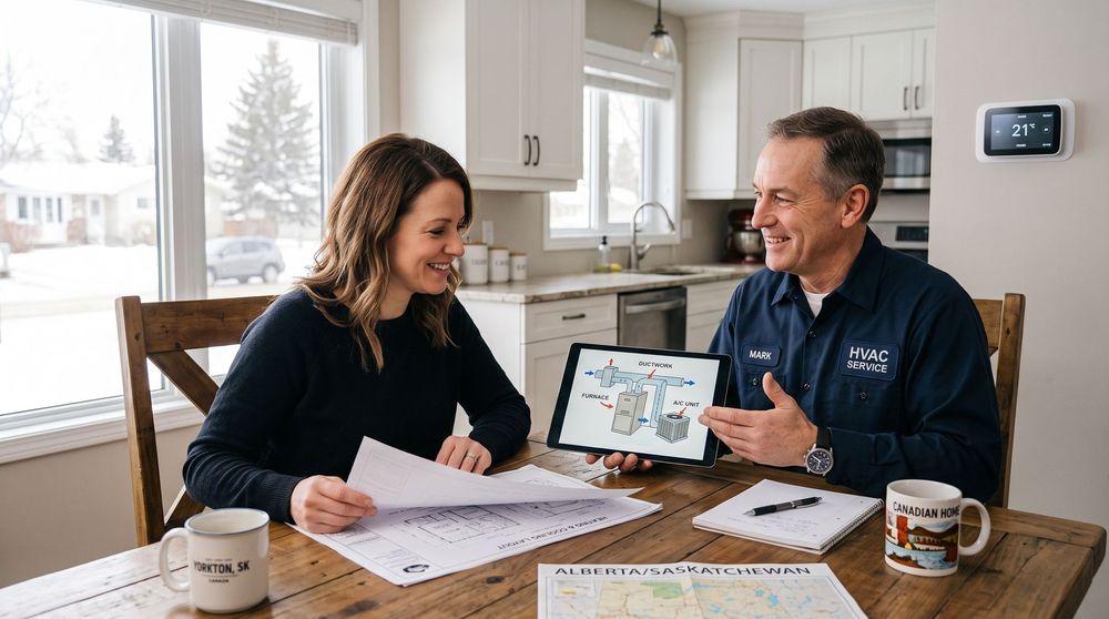 Two people reviewing documents at a kitchen table while looking at a tablet and map in a bright home office