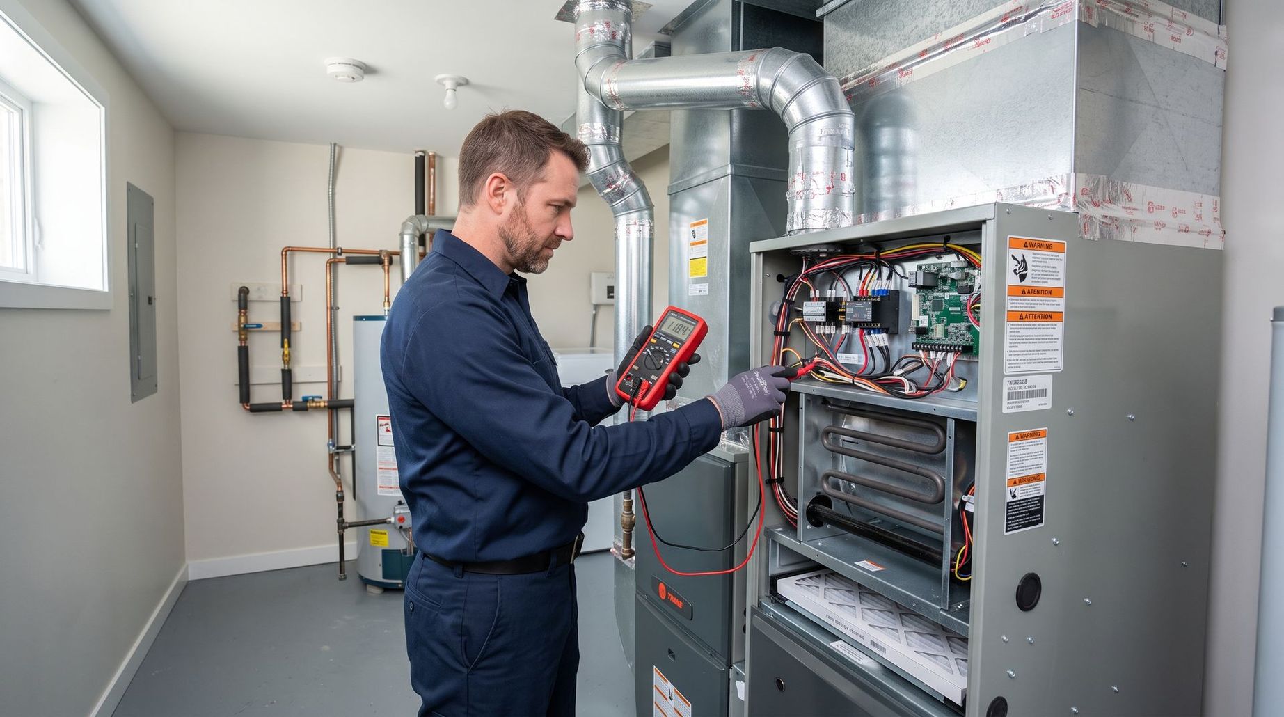 Technician inspecting HVAC control panel in a utility room