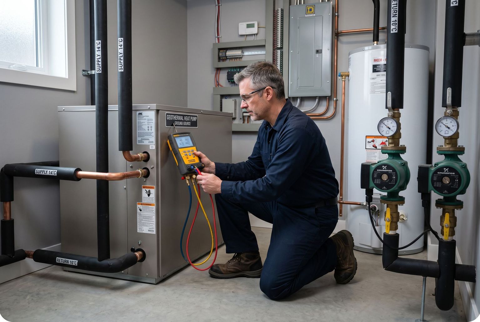 Technician kneels in a utility room, testing boiler wiring with a handheld meter.
