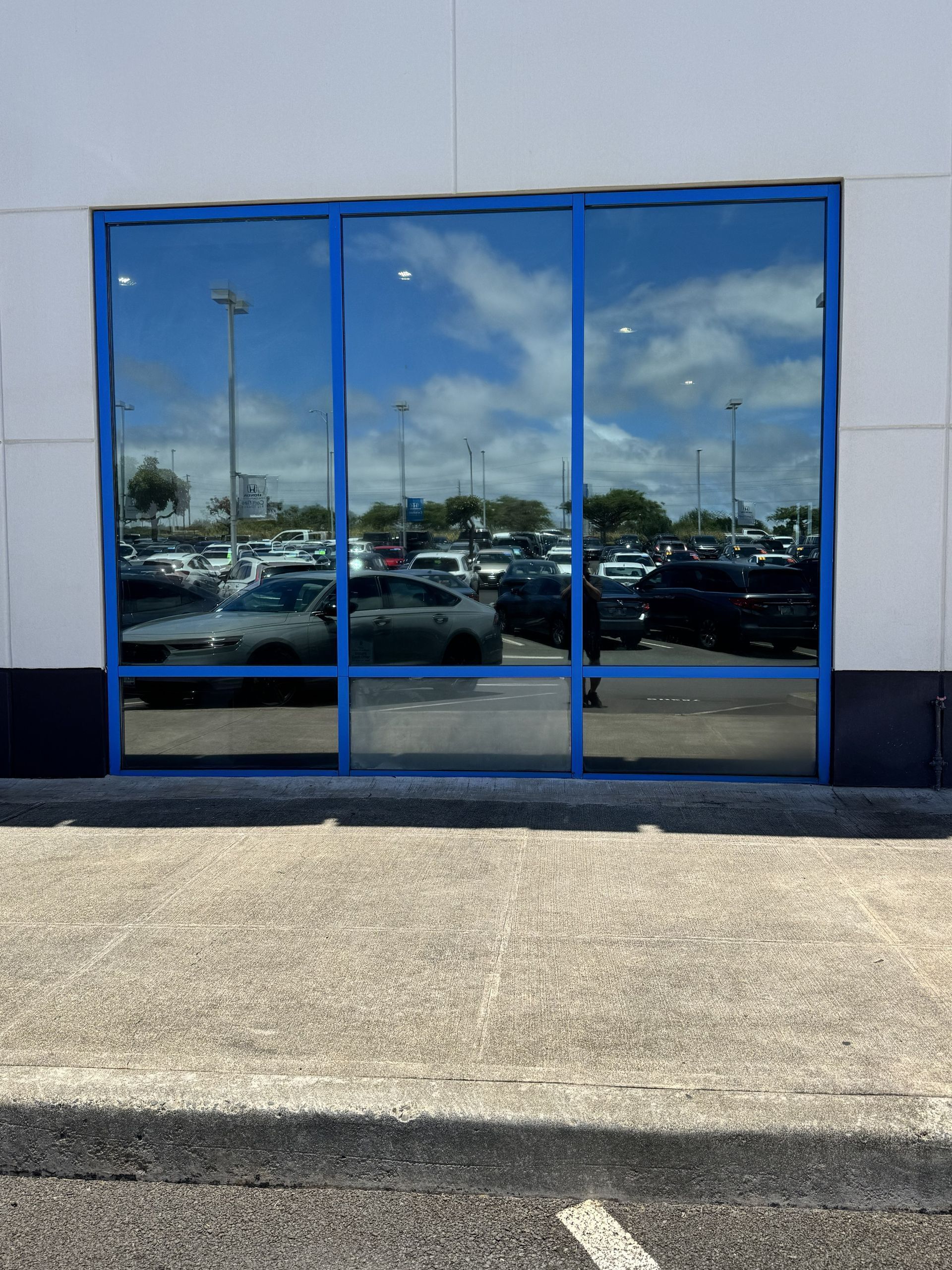 Blue-framed storefront glass doors reflecting parked cars and cloudy sky.