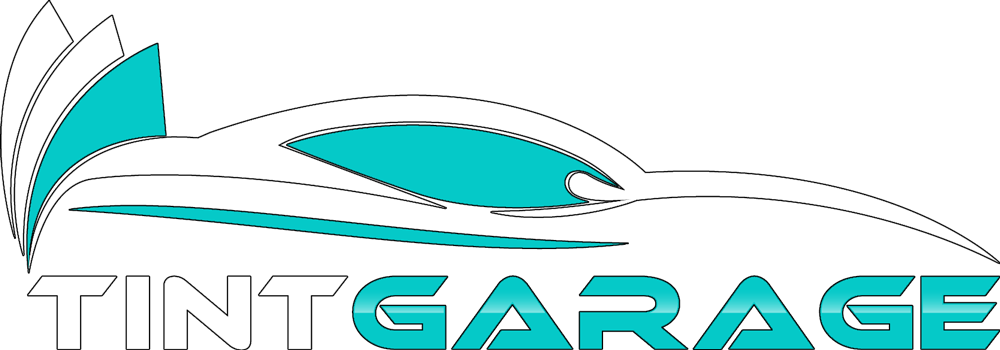 Tint Garage logo with teal car silhouette and gray text on white background