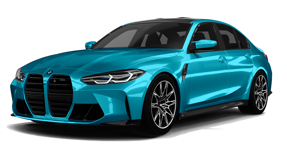 Bright turquoise sports sedan on a white background, shown in front three-quarter view