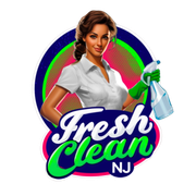 The logo for fresh clean nj shows a woman holding a spray bottle.