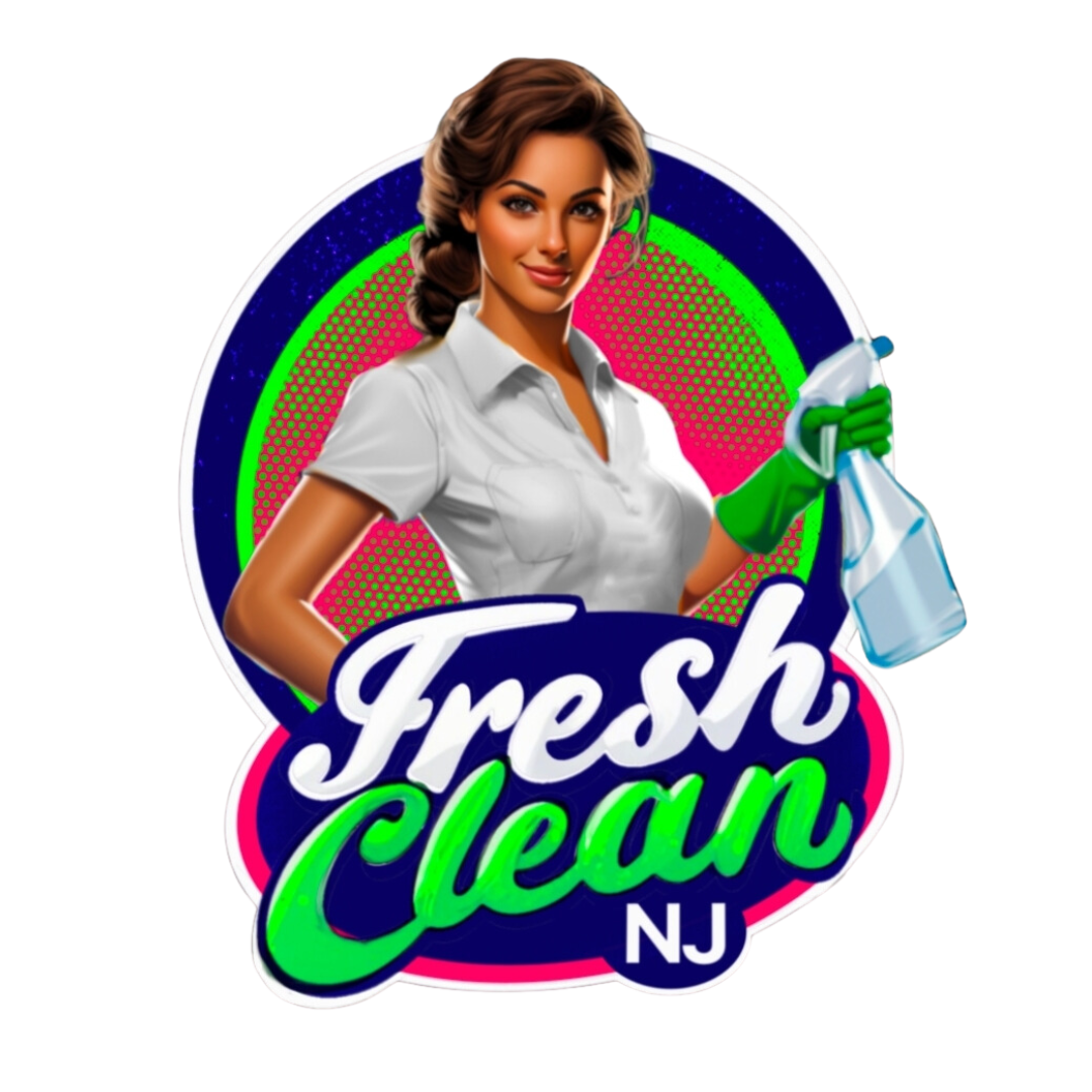 The logo for fresh clean nj shows a woman holding a spray bottle.