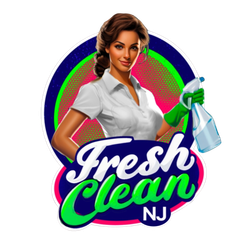 The logo for fresh clean nj shows a woman holding a spray bottle.