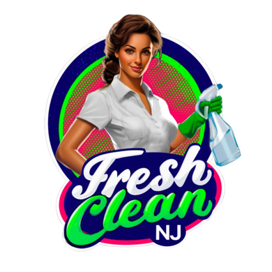 The logo for fresh clean nj shows a woman holding a spray bottle.