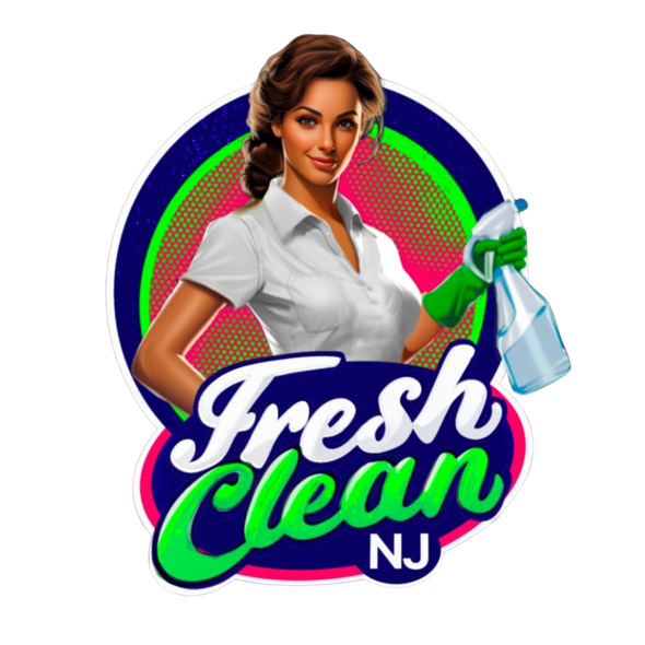 The logo for fresh clean nj shows a woman holding a spray bottle.