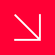 White arrow pointing down and to the right on a red background.
