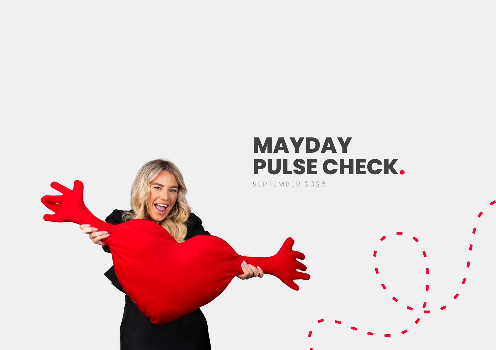 Mayday Pulse Check logo with a person in a red heart costume on a white background