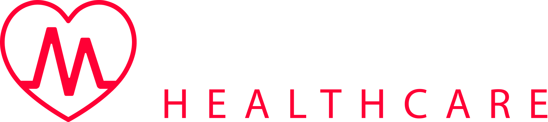 Logo of Healthcare with a heart-shaped outline and a pulse wave inside, and the word