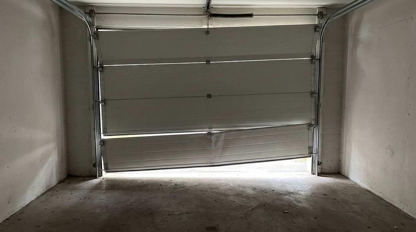 A residential garage door jammed part way open with the bottom panel creased