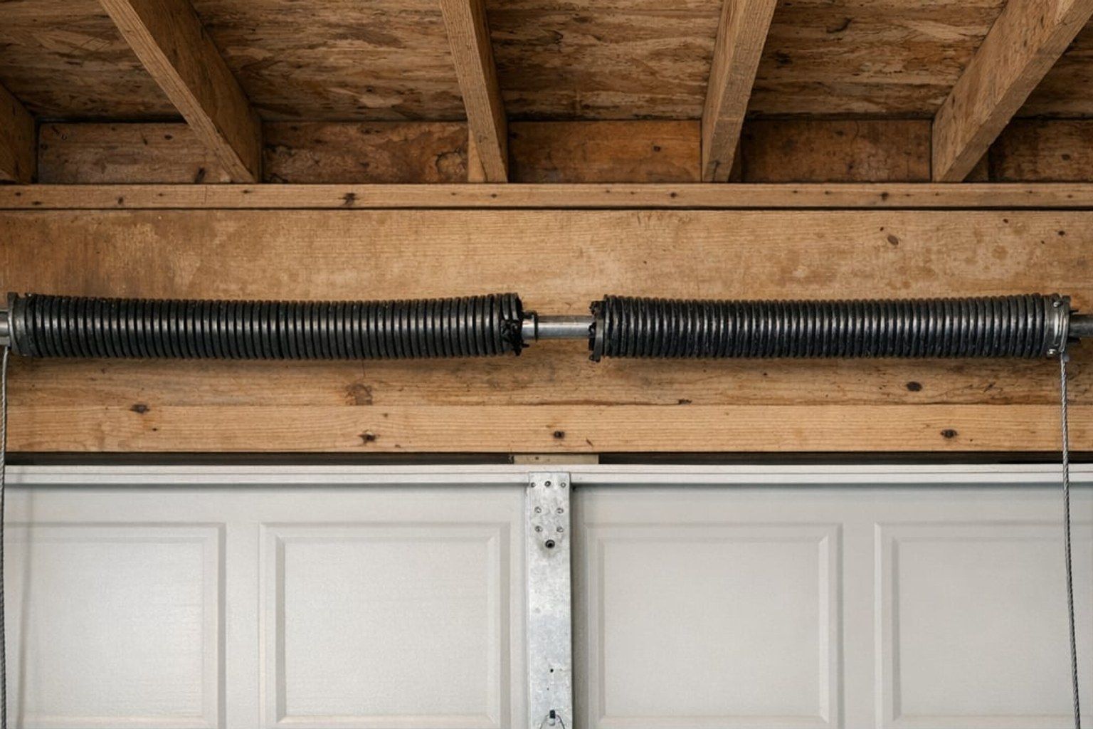 Snapped torsion spring with a gap between coils on the shaft above a closed white garage door