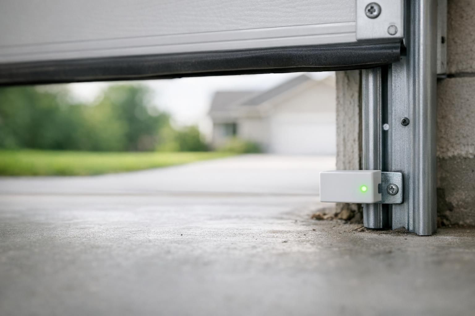 Garage door safety sensor with a green light on the track beside a partly open door