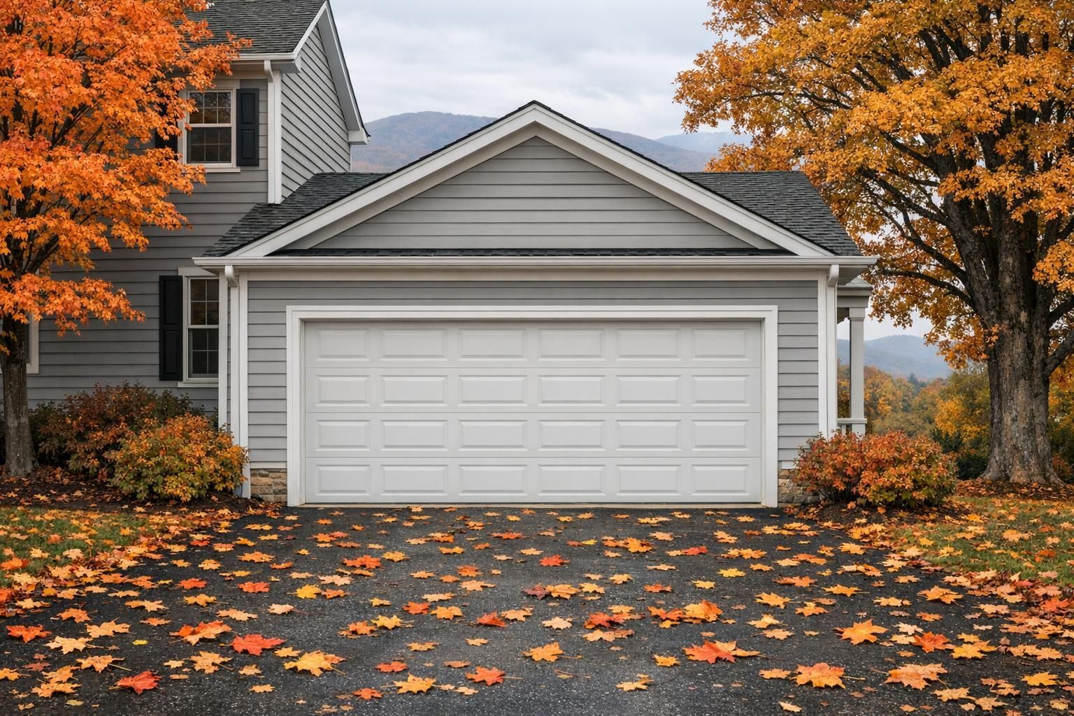 White two-car garage door on a gray Virginia home with fall leaves on the driveway