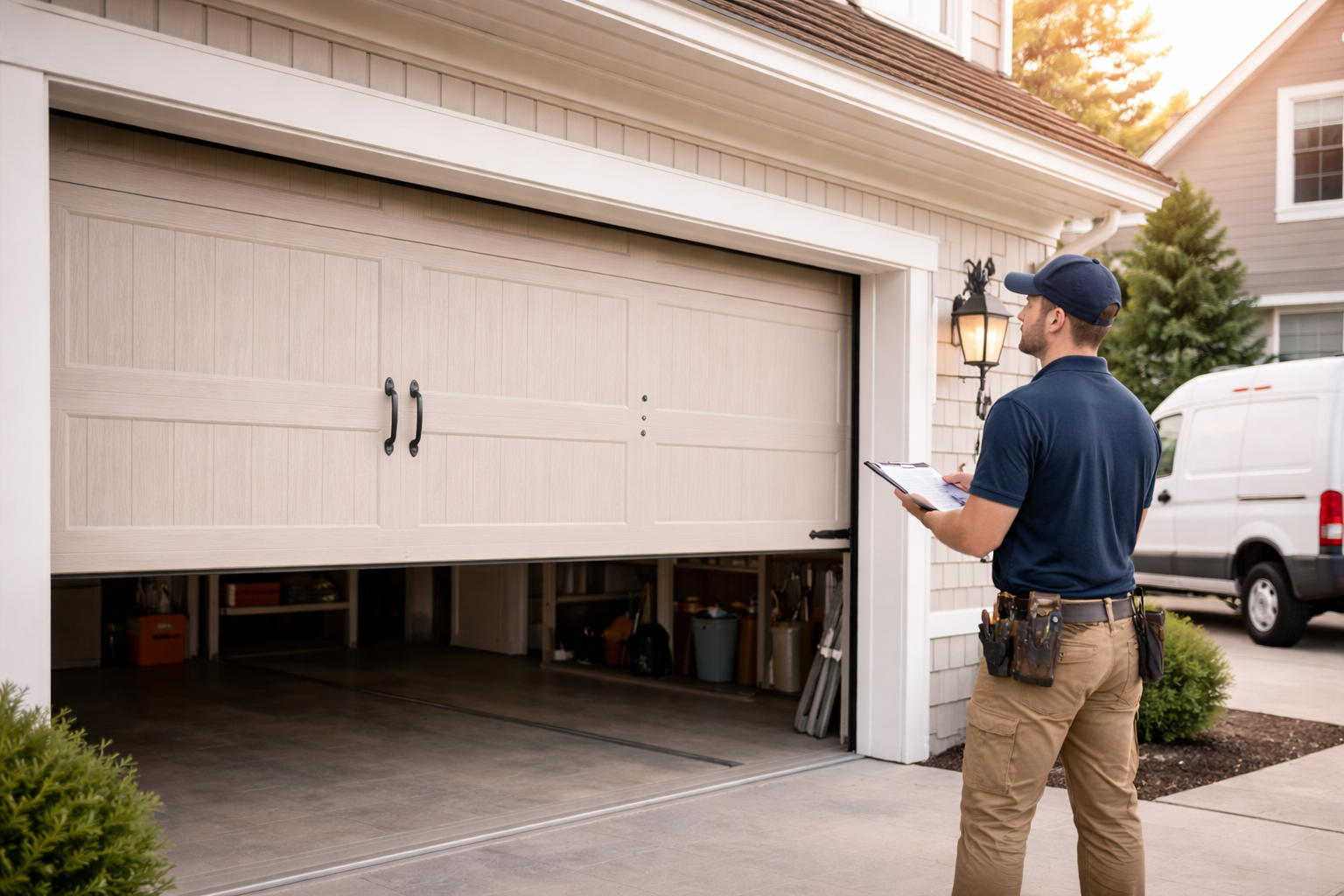 A technician in a baseball cap assesses a garage door with a clipboard; a van is parked nearby.