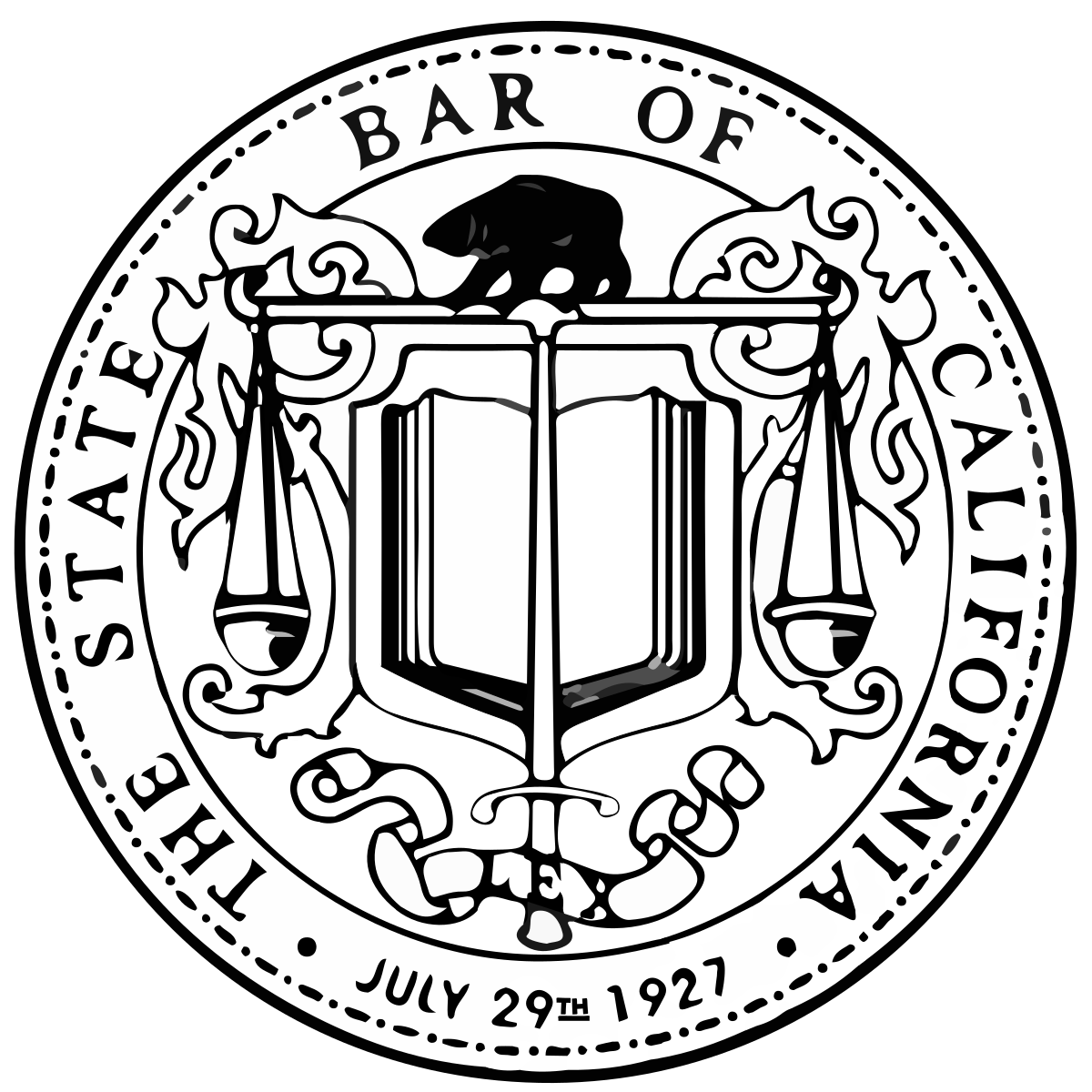 Seal of the State Bar of California with scales, an open book, bear, and the date July 29th, 1927.