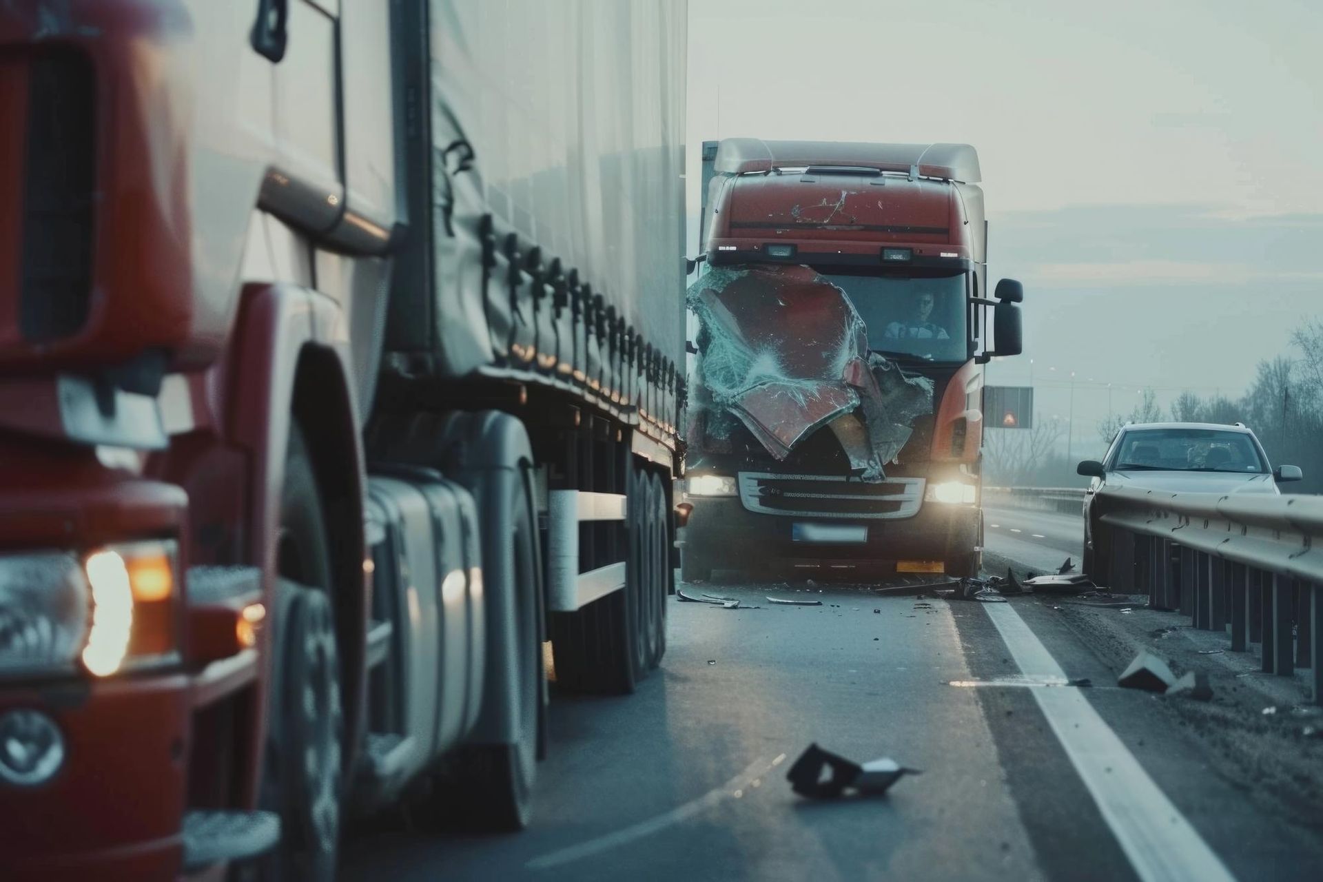 Damaged red semi truck in a highway crash with debris and another truck nearby