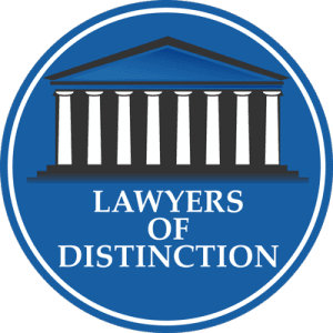 Blue and white logo: Court building with