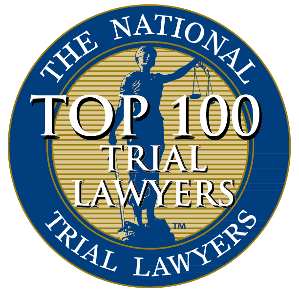 Blue and gold “Top 100 Trial Lawyers” award seal with laurel wreath and gold scales of justice