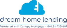 The logo for dream home lending is a blue cloud with a house on it.
