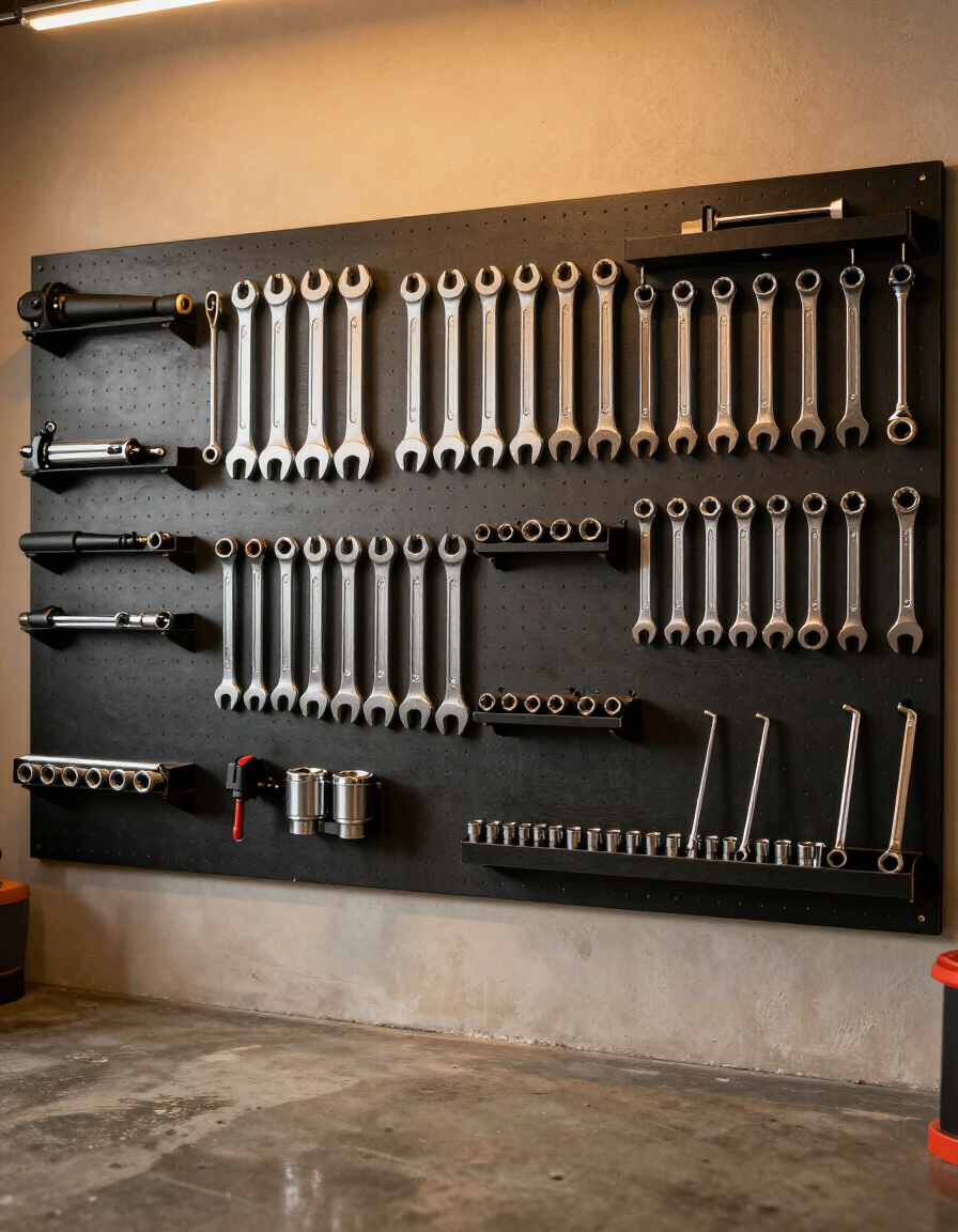 Wall-mounted display of wrenches and tools on a black panel in a garage or workshop, over a concrete floor.