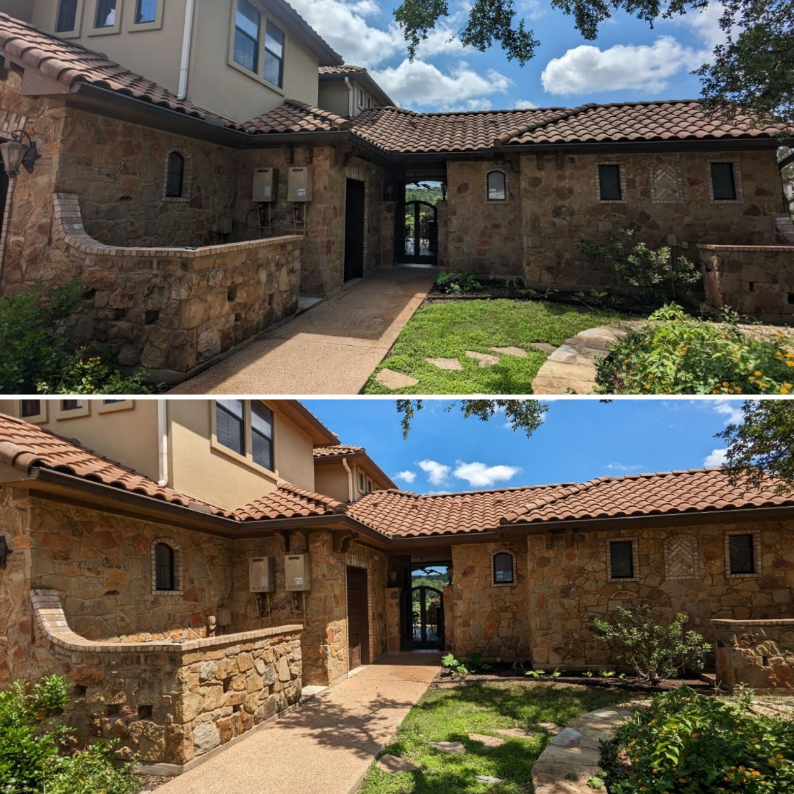 A before and after photo of a house with a tiled roof