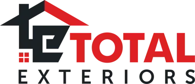 Logo for Total Exteriors, featuring a stylized house with red and black elements and the words "TOTAL EXTERIORS" in red and black.