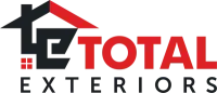 Logo for Total Exteriors, featuring a stylized house with red and black elements and the words "TOTAL EXTERIORS" in red and black.